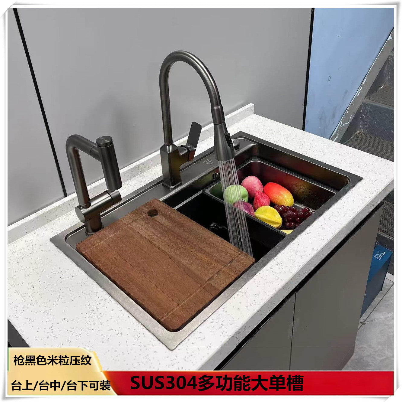 枪黑色304手工盆洗菜盆单槽子母槽厨房洗碗池台下不锈钢洗手盆