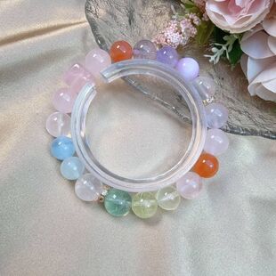 天然马粉绿萤石10.5m红玛瑙莫粉紫锂辉10m海蓝宝轻奢手串S058