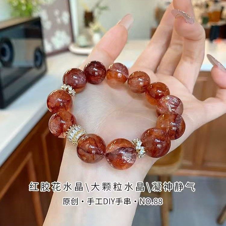 天然红胶花手串大珠子转运本命年