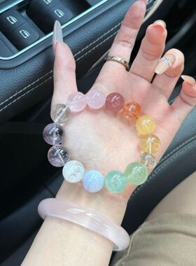 天然多宝水晶手串粉水晶黄水晶萤石水晶清新时尚高级串珠首饰批发