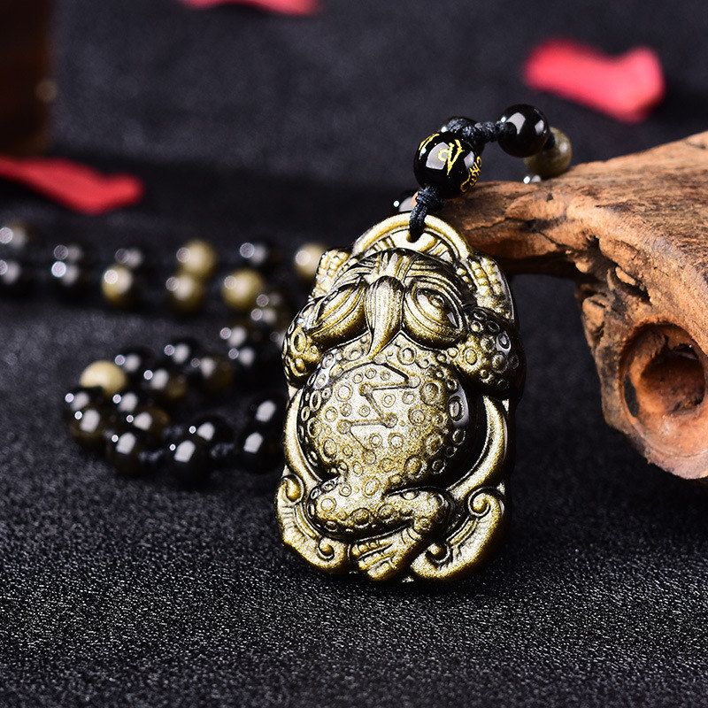 天然金曜石三足金蟾吊坠黑曜石