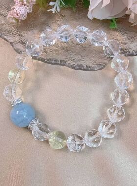 天然白水晶宝石切柠檬黄水晶9m海蓝宝顶珠13m轻奢女士手串S0414