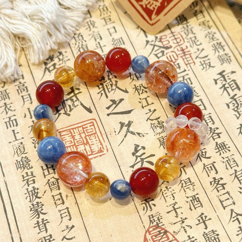 巧恩小众精致设计天然黄塔晶红胶花手链女款本命年蓝晶石手串批发