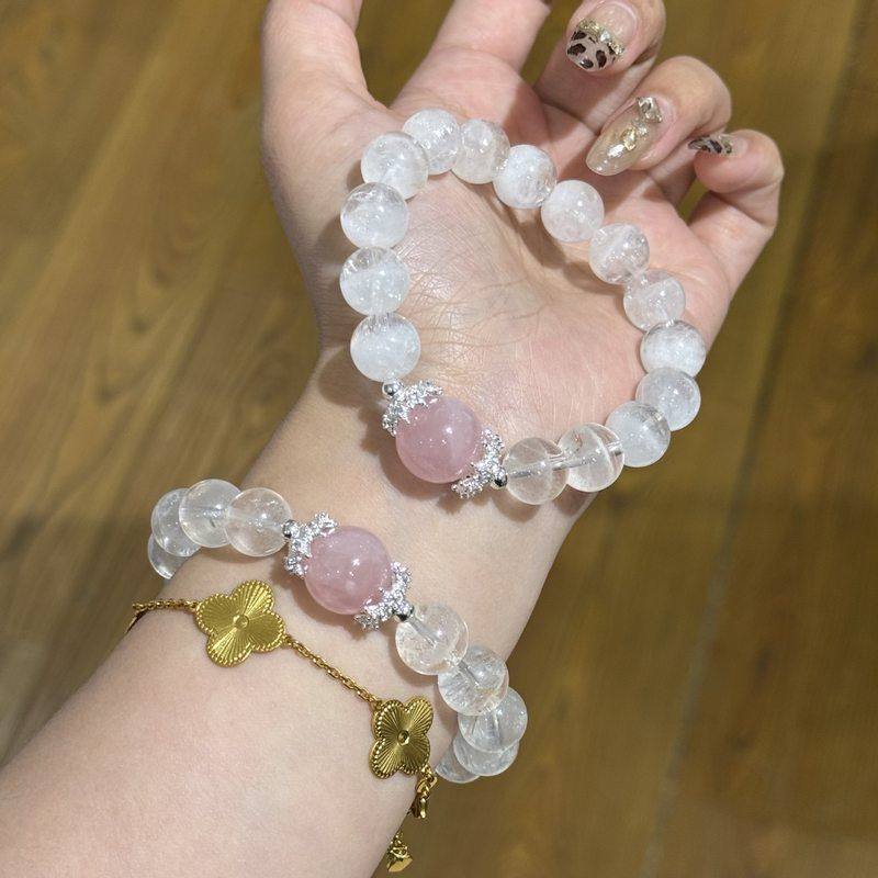新品天然粉水晶圆珠单圈手串梦幻