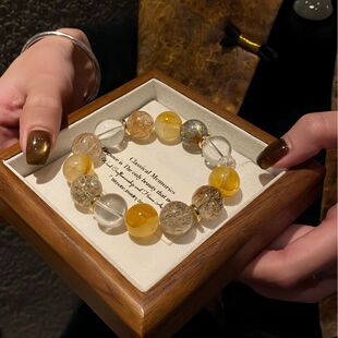 天然黄胶花水晶手串黑金超七招财手链白水晶能量放大器轻奢高级感