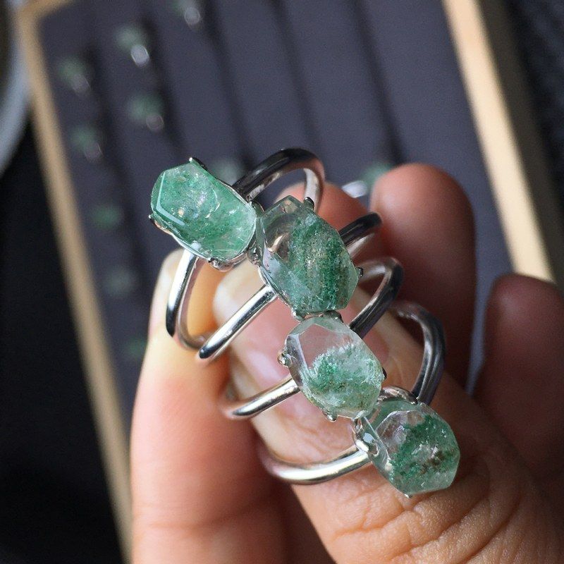天然翠幽灵戒指，s925银镶嵌清新