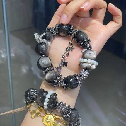 原创水晶手链天然黑曜石单圈手链银耀石小熊时尚轻奢手串男女饰品