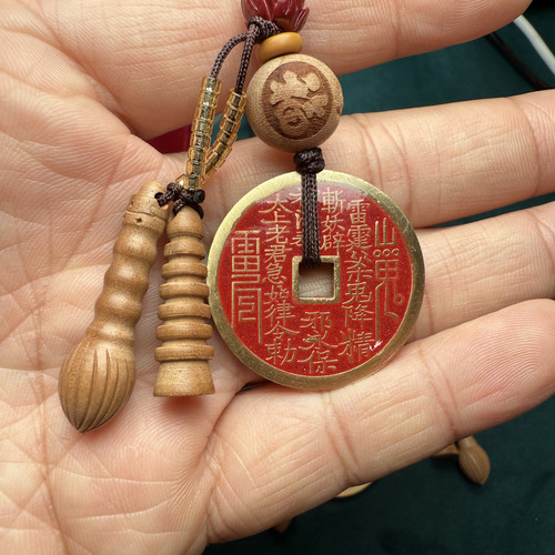 朱砂山鬼花钱纯铜项链吊坠纯黄铜挂饰随身钥匙扣挂件书包挂