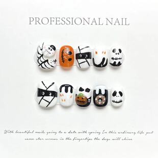 【原创实拍】纯手工穿戴甲手绘万圣节南瓜可爱鬼魂搞怪卡通美甲短