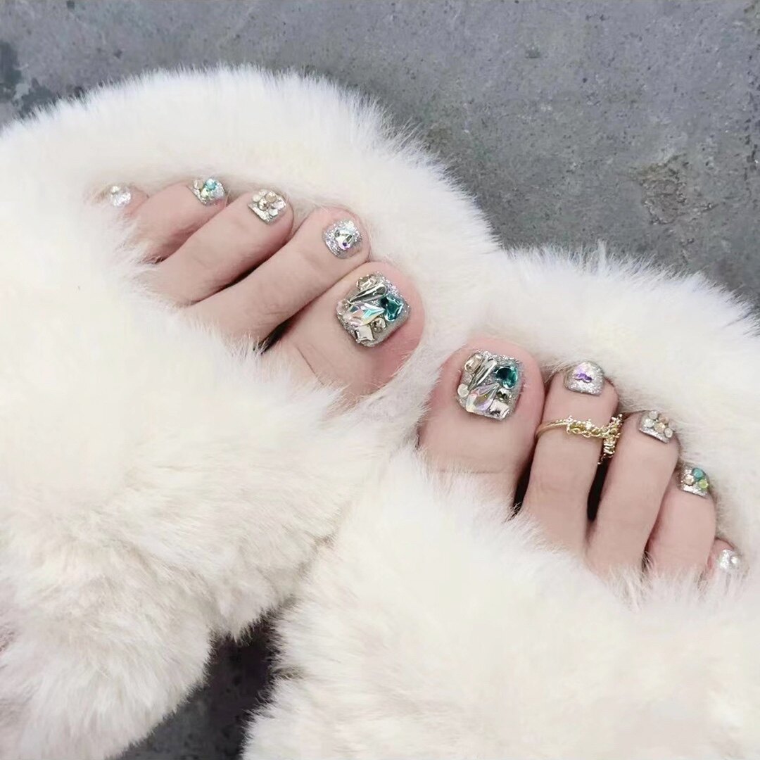 手工脚趾甲彩色拼钻穿戴脚甲片水钻脚美甲贴片光疗假脚趾甲贴片