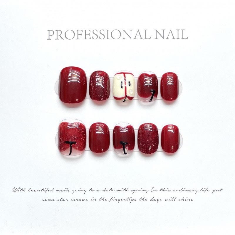 手工穿戴甲显白手绘小苹果穿戴甲美甲指甲贴片新款短款手工成品