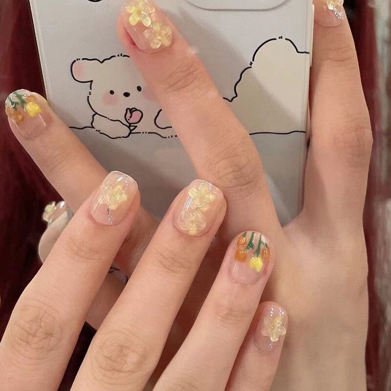 纯手工美甲穿戴甲春秋短款冰透裸色手绘立体郁金香美甲贴片假指甲