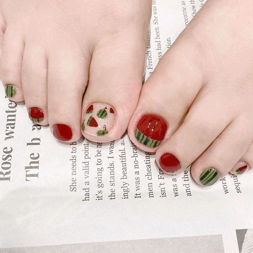 手工脚甲夏天新款手绘西瓜款式短款脚趾甲假指甲穿戴甲显白贴片