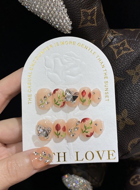 清货款手工穿戴甲温柔杏色气质手绘蝴蝶钻显白春夏短方圆成
