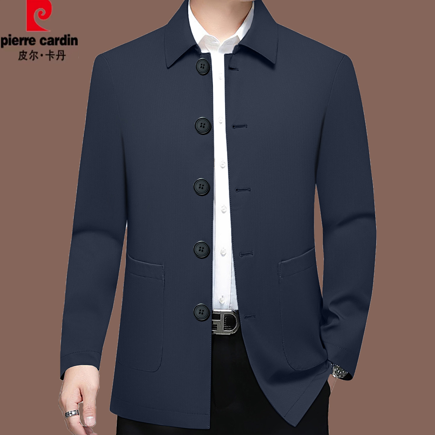 皮尔卡丹正品春秋新款中南男夹克翻领薄款纽扣行政干部爸爸装外套