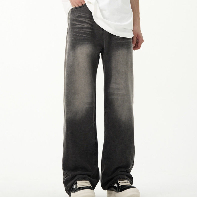 GL街头直筒阔腿水洗黑色牛仔裤男新款复古休闲坠感拖地长裤子