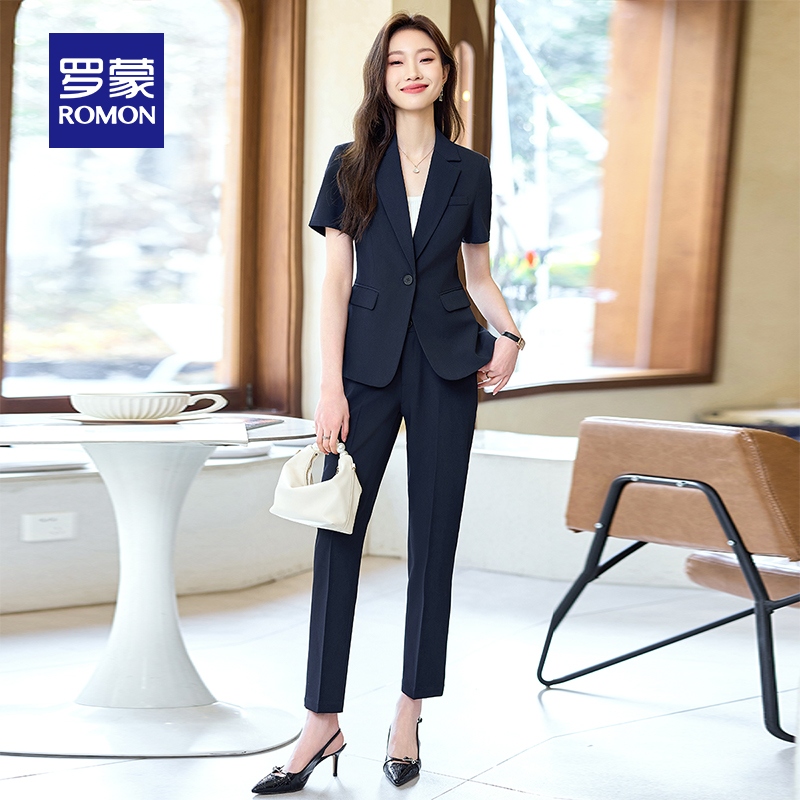 罗蒙女士简约短袖西服套装2025夏季新款纯色百搭修身显瘦职业外套