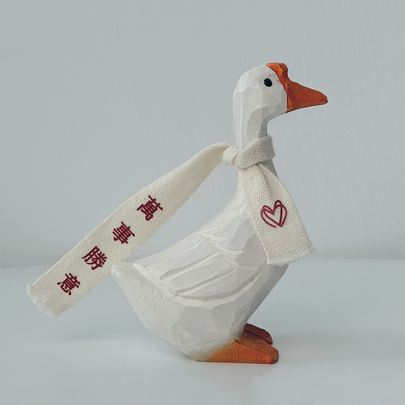 日式平安喜乐鸭可爱创意摆件小木雕卧室床头书桌车载礼物送礼祝福