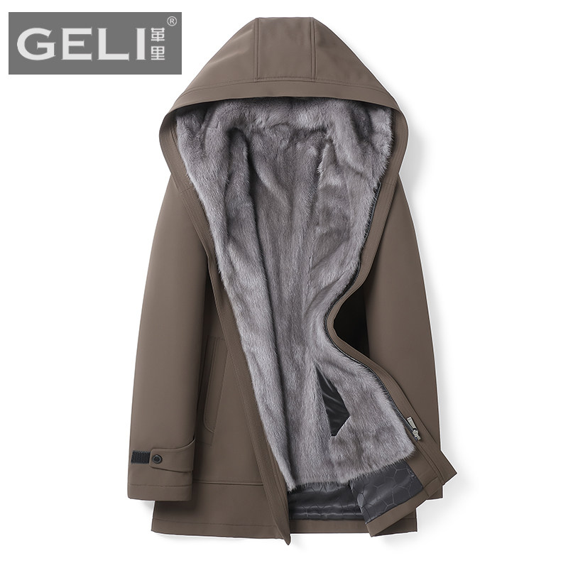 冬季海宁男士派克服中长款连帽整貂水貂毛内胆皮毛一体保暖外套厚