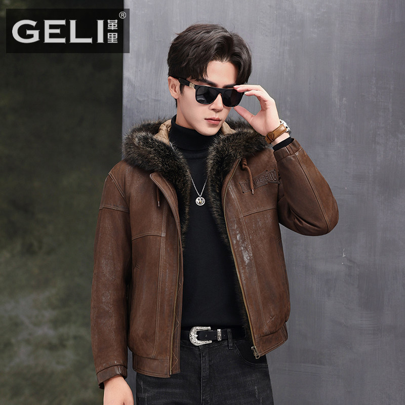 海宁真皮皮衣男头层山羊皮夹克短款连帽貉子毛领冬季羽绒服外套潮
