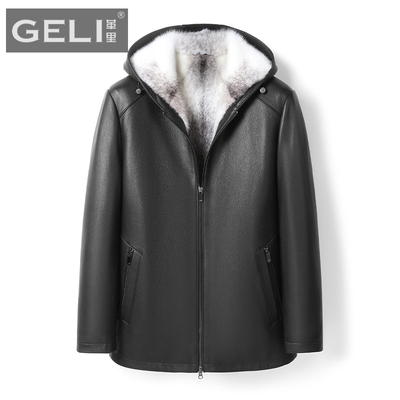 头层鹿皮皮衣男真皮高端十字貂水貂内胆中长款连帽皮毛一体外套厚