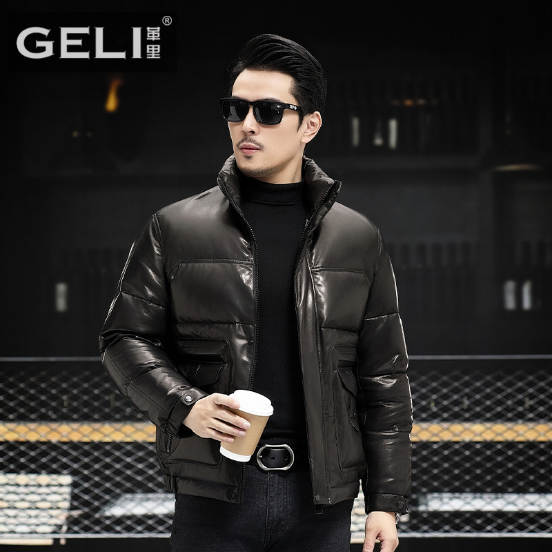 冬季加厚加绒头层山羊皮夹克真皮皮衣男鹅绒羽绒服短款立领外套潮