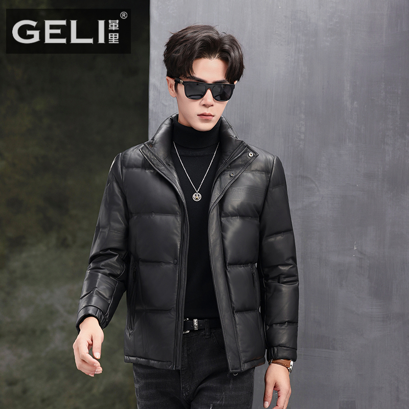 海宁真皮羽绒服男头层绵羊皮夹克皮衣短款立领鹅绒羽绒服简约外套