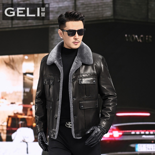 海宁真皮皮衣男头层山羊皮夹克鹅绒羽绒服翻领短款羊羔毛领外套厚