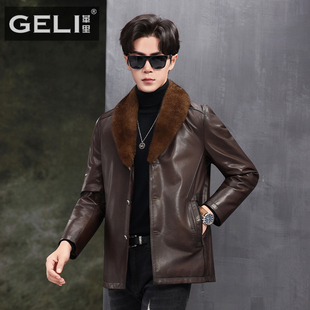 冬季海宁真皮皮衣男山羊皮夹克中长款水貂毛领羽绒服修身商务外套