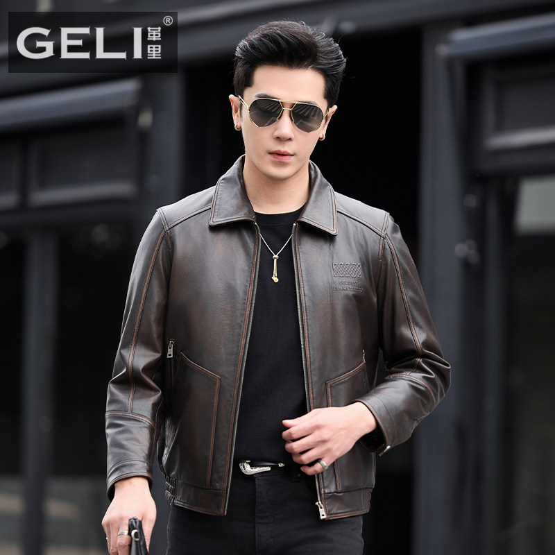 海宁新款真皮皮衣男头层山羊皮夹克复古擦色工艺短款翻领时尚外套