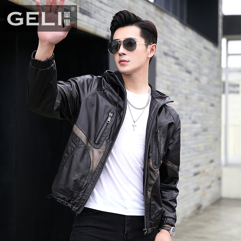 新款海宁真皮皮衣男短款头层牛皮夹克连帽落肩袖宽松机车时尚外套
