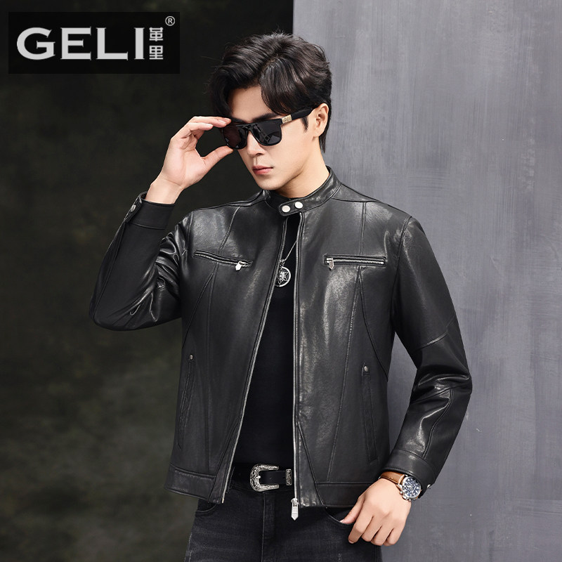 海宁新款真皮皮衣男头层绵羊皮夹克短款立领机车时尚休闲修身外套