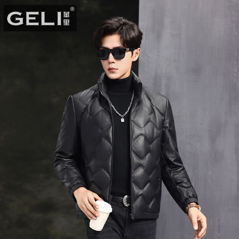 鹅绒羽绒服真皮皮衣男头层绵羊皮夹克短款立领简约时尚冬季外套厚