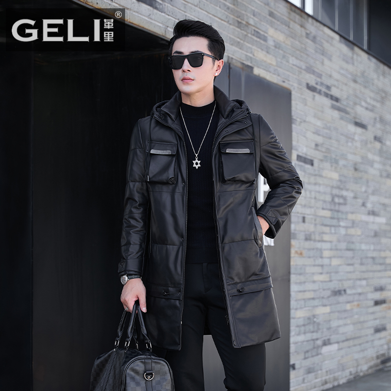 2025新款男士真皮皮衣长款连帽羽绒服头层绵羊皮夹克冬季保暖外套