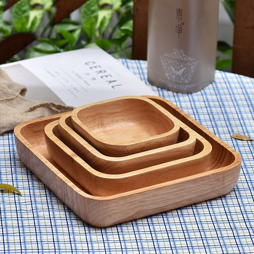 日式橡胶木方形木碗 木质沙拉碗 创意水果甜品碗餐碟