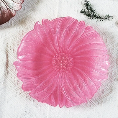 外贸charger plate 北欧高颜值花朵玻璃果盘玻璃糖果盘零食玻璃盘