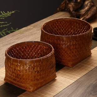 复古竹编收纳筐家用水果茶具点心收纳竹筐茶几桌面圆形杂物筐小号