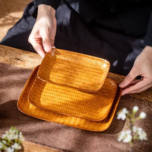 中式茶点碟小果盘 宋式茶道茶点盘 婚庆零食小托盘摆件竹编小提篮