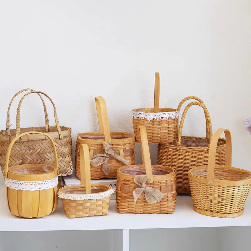 欧式手提花篮插花竹篮收纳篮编织鲜花大号工艺品室内竹编篮竹筐