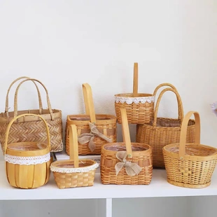 欧式手提花篮插花竹篮收纳篮编织鲜花大号工艺品室内竹编篮竹筐