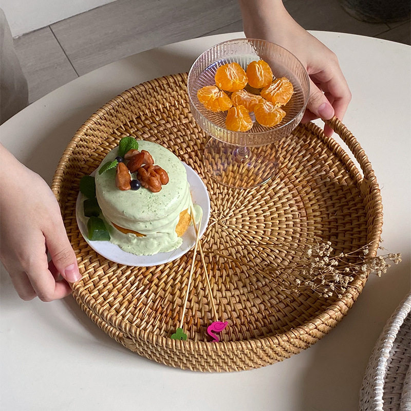 越南秋藤编织圆形可提托盘小号收纳水果盘糖果零食咖啡面包点心盘
