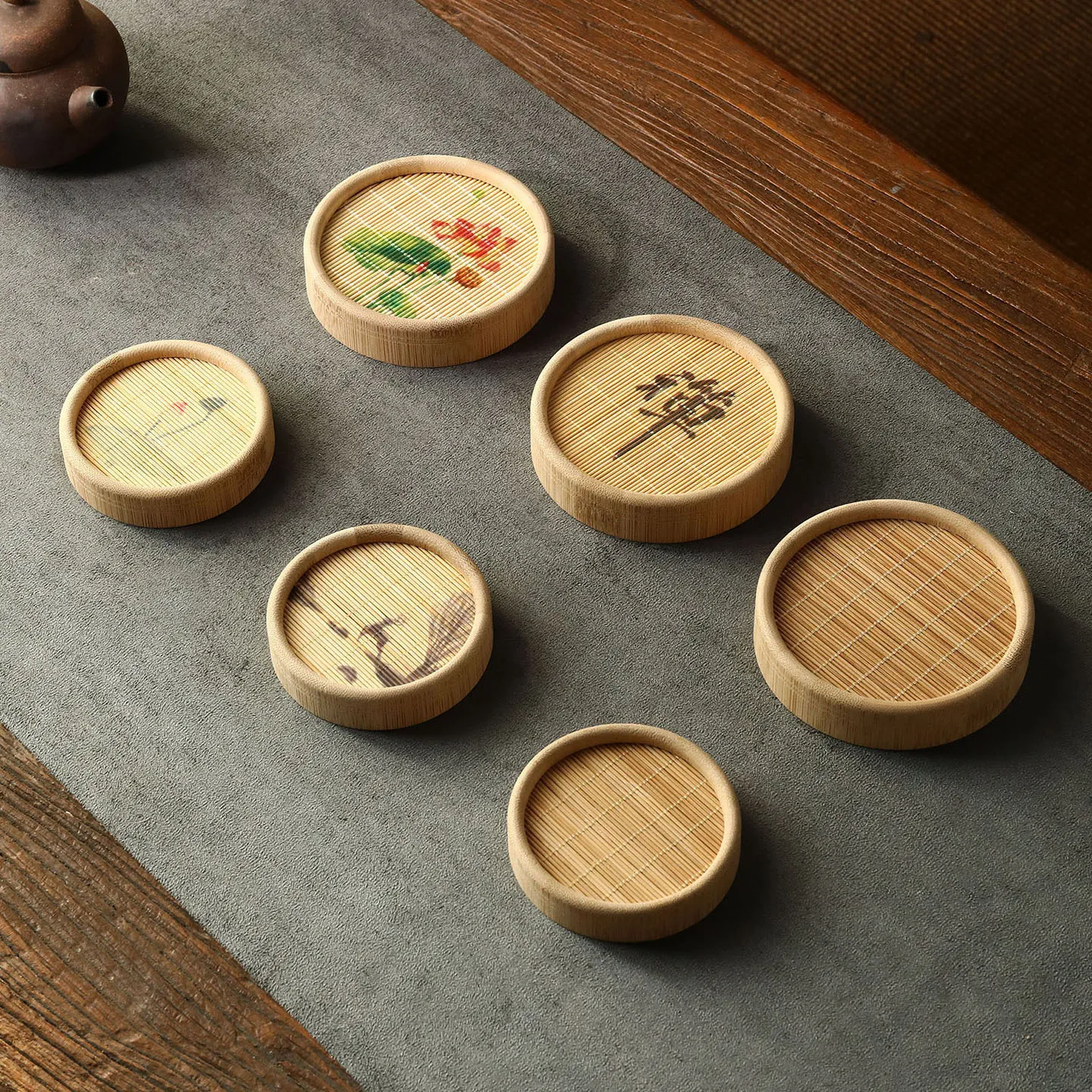 竹制品竹制印花圆形杯垫杯托茶垫壶垫隔热垫井字垫茶具茶道零配件