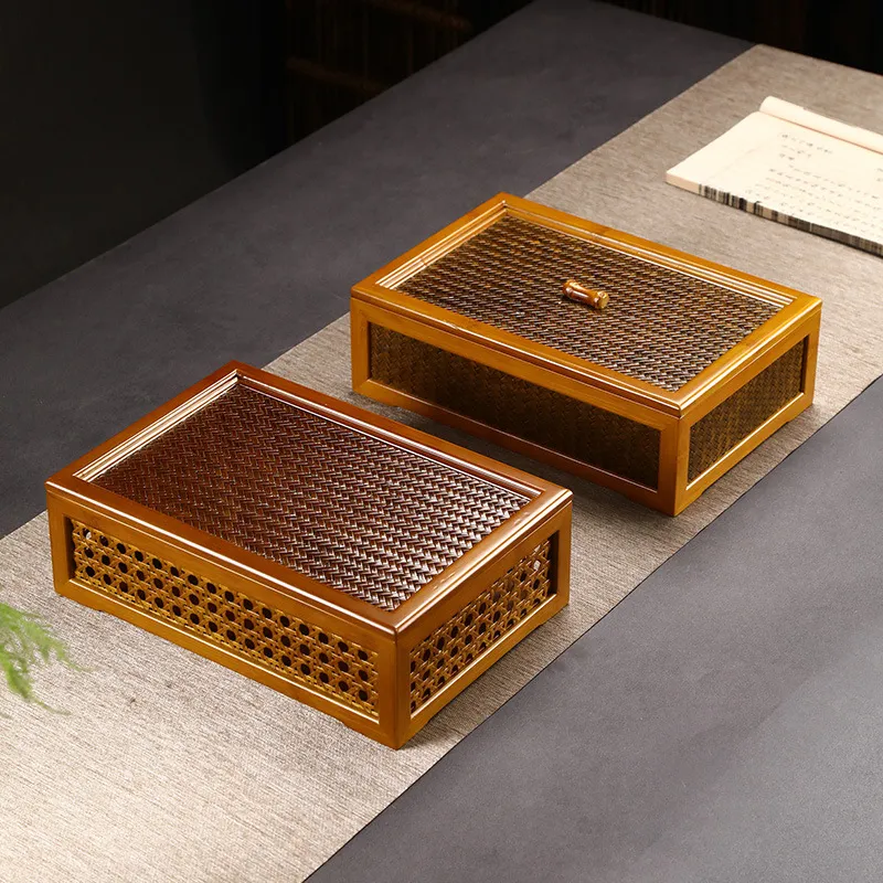 茶具收纳盒复古竹制镂空收纳筐桌面茶杯茶具新中式禅意带盖整理盒