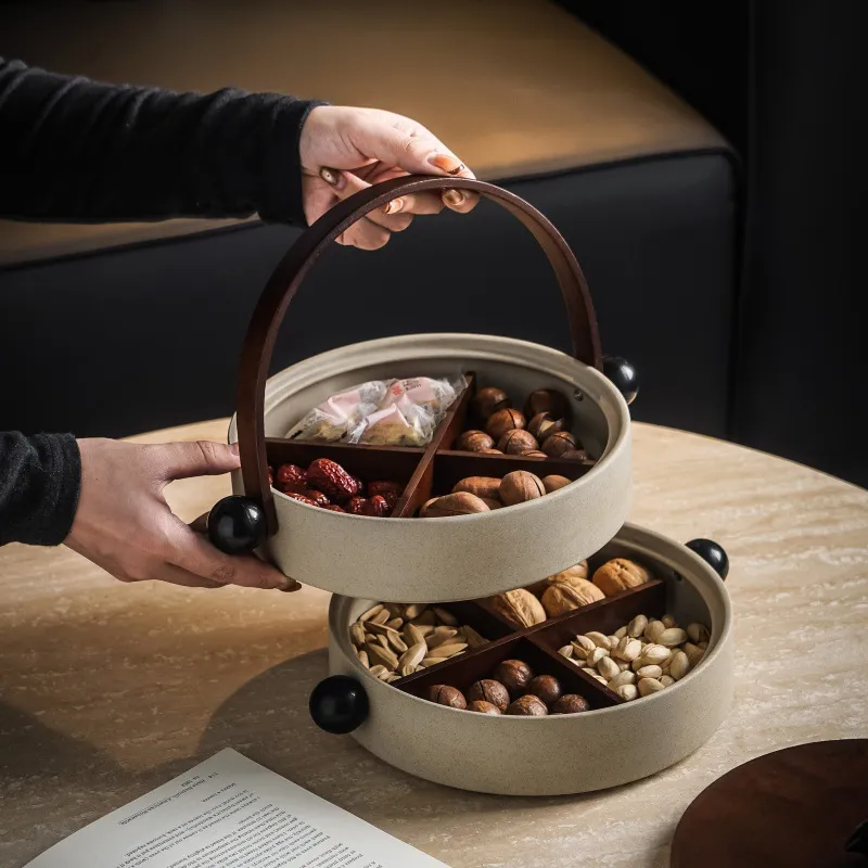 新年糖果盒家用带盖竹木山雀中古风粗陶干果盘高级感零食坚果盒子