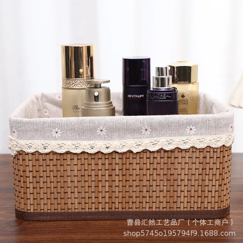 竹编收纳筐藤编织布艺桌面茶几杂物玩具化妆品收纳筐无盖储物篮