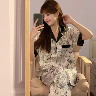 轻奢复古ins风冰丝睡衣女短袖 长裤 水墨画新中式 高颜值家居服套装