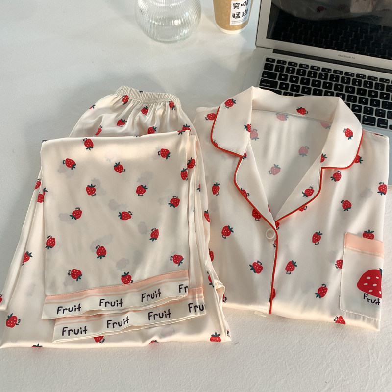 新款甜美少女休闲可爱草莓印花冰丝睡衣女短袖短裤家居服套装外穿