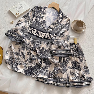 家居服套装 新款 短裤 ins风水墨画高颜值夏季 可外穿 冰丝睡衣女短袖