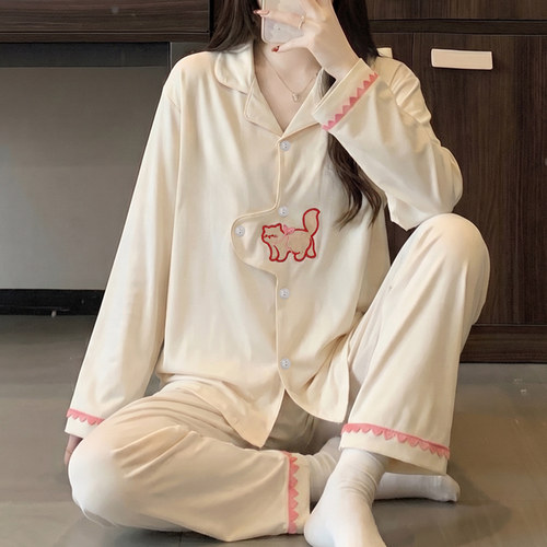 韩系ins风奶油系猫咪刺绣睡衣女粉色波浪花边休闲套装外穿家居服