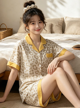 夏季新款豹纹蝴蝶结印花黄色领子短袖短裤少女睡衣气质高颜值睡衣